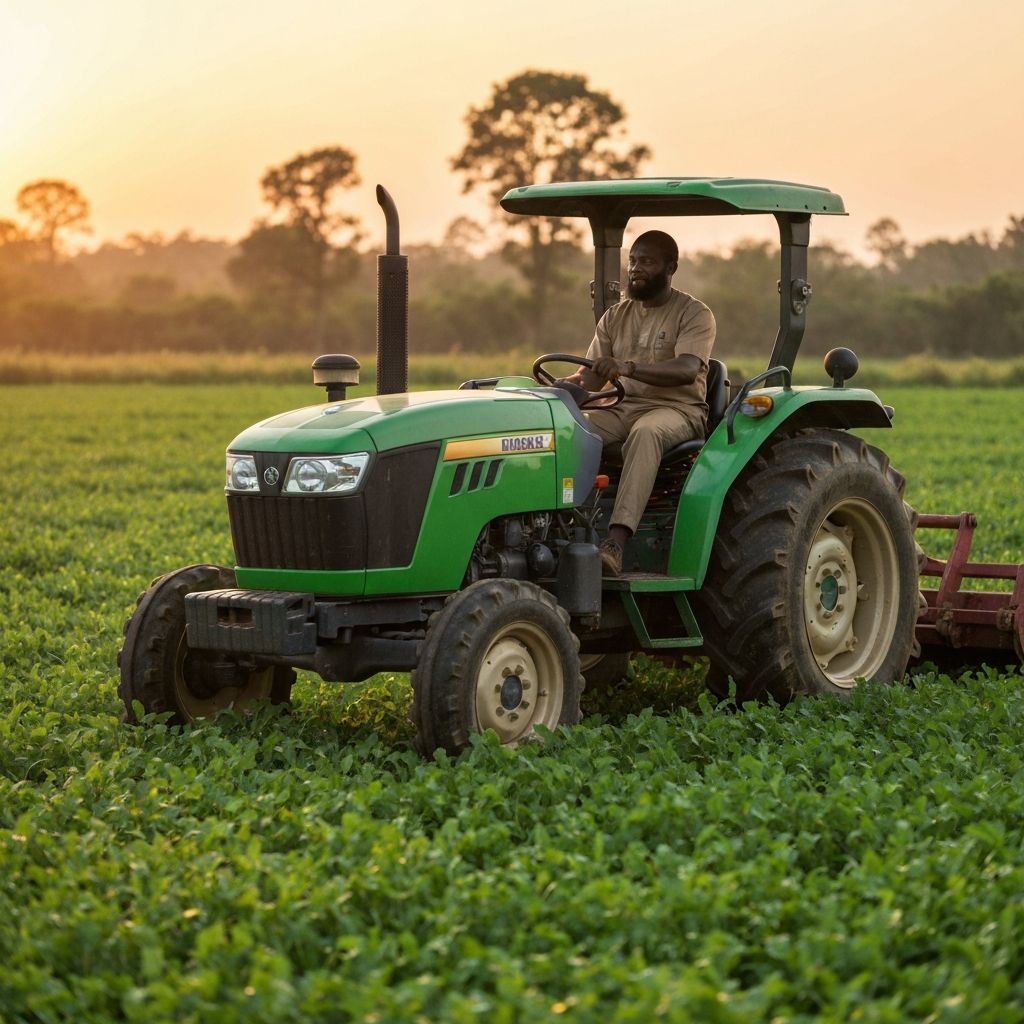 Nigerian farmer on tractor